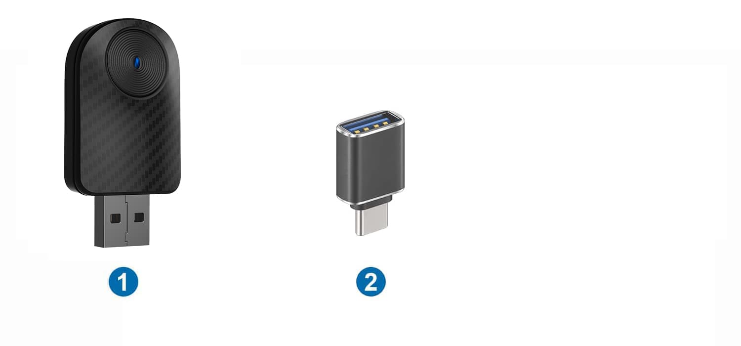 Package contents: 1 — CB03 wireless adapter; 2 — USB-A female to USB-C male adapter