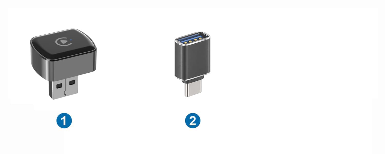 Package contents: 1 — CB04 wireless adapter; 2 — USB-A female to USB-C male adapter