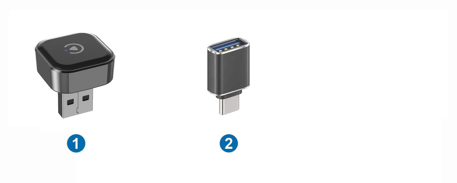 Package contents: 1 — CB11 wireless adapter; 2 — USB-A female to USB-C male adapter