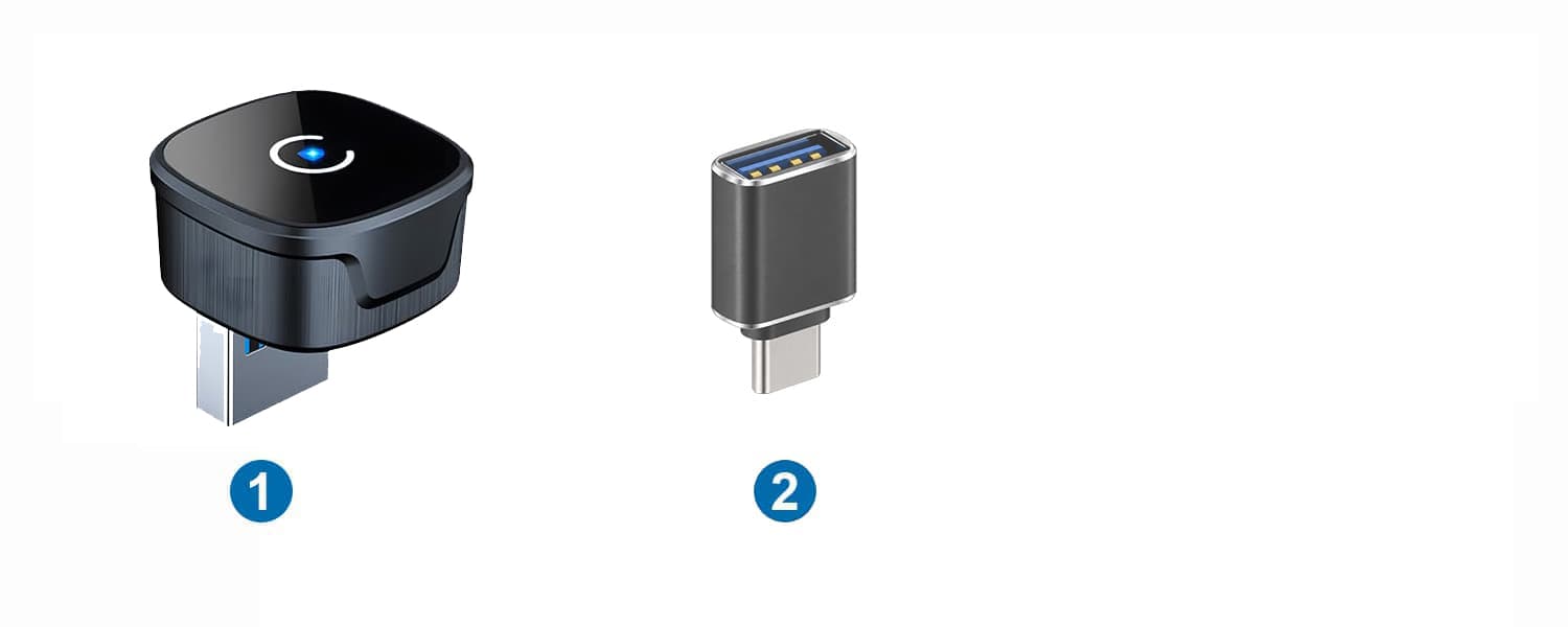 Package contents: 1 — CB12 wireless adapter; 2 — USB-A female to USB-C male adapter