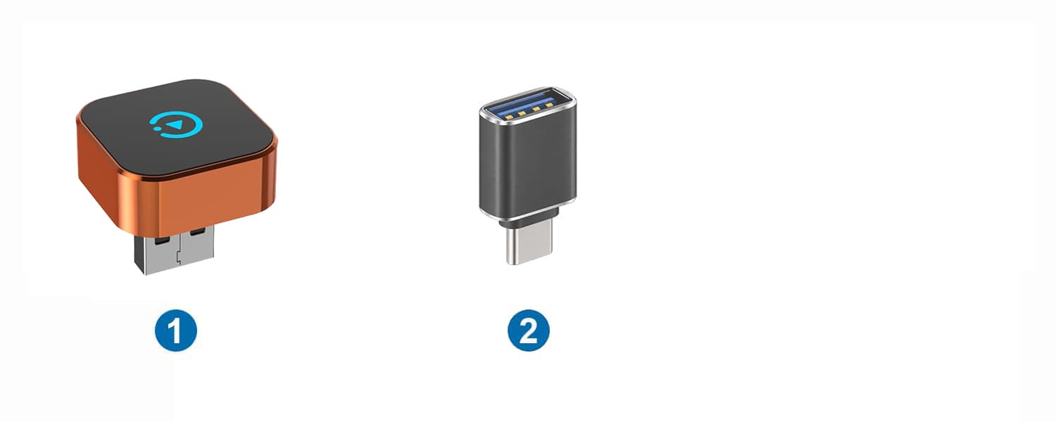 Package contents: 1 — CB15 wireless adapter; 2 — USB-A female to USB-C male adapter