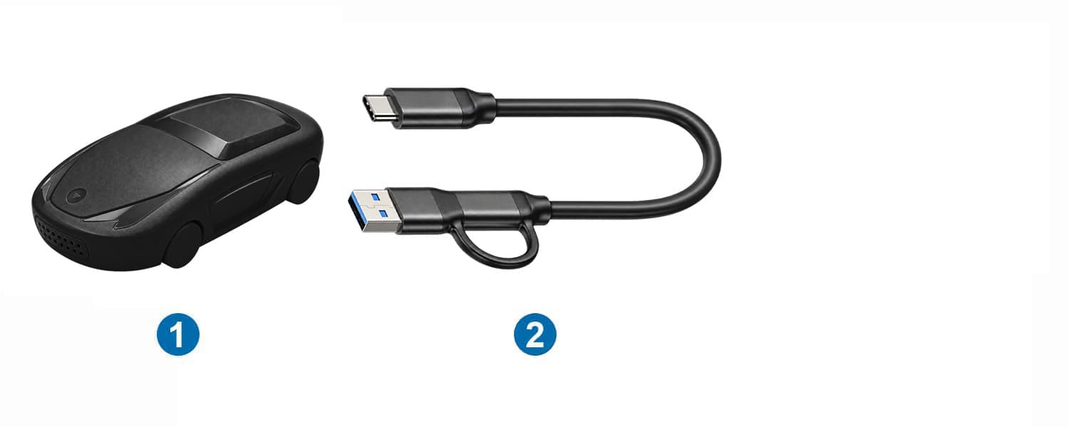 Package contents: 1 — CB17 wireless adapter; 2 — USB-A female to USB-C male adapter