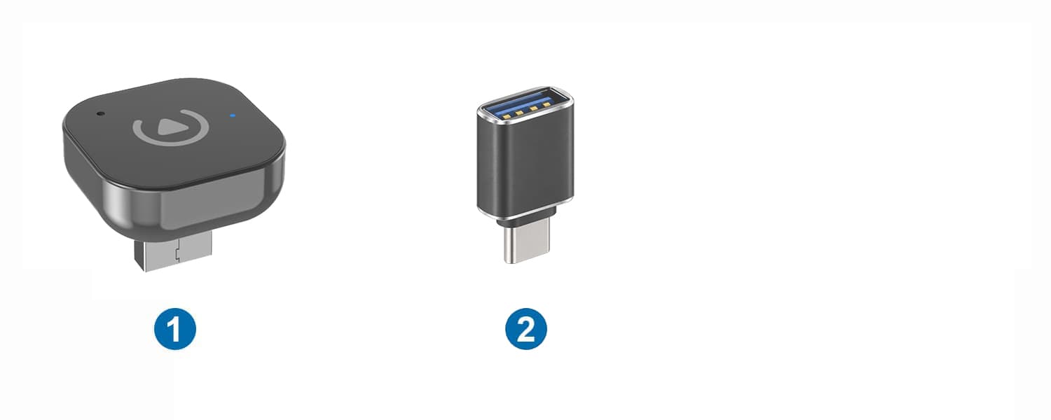 Package contents: 1 — CB01 wireless adapter; 2 — USB-A female to USB-C male adapter