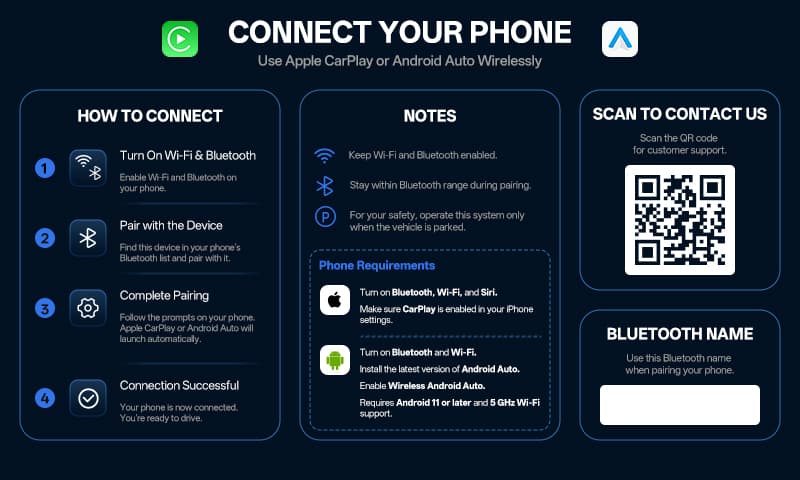 Example CB17 startup screen; the BLUETOOTH NAME area shows the name used for pairing