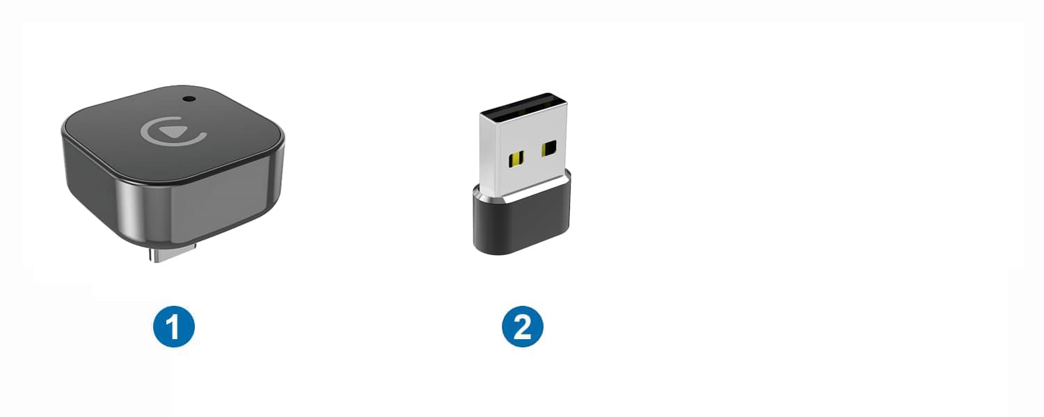 Package contents: 1 — CB01C wireless adapter; 2 — USB-C female to USB-A male adapter