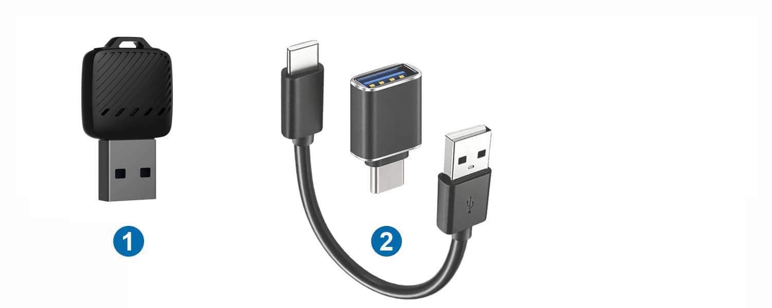 1: CB10; 2: USB-A female to USB-C male adapter or adapter cable