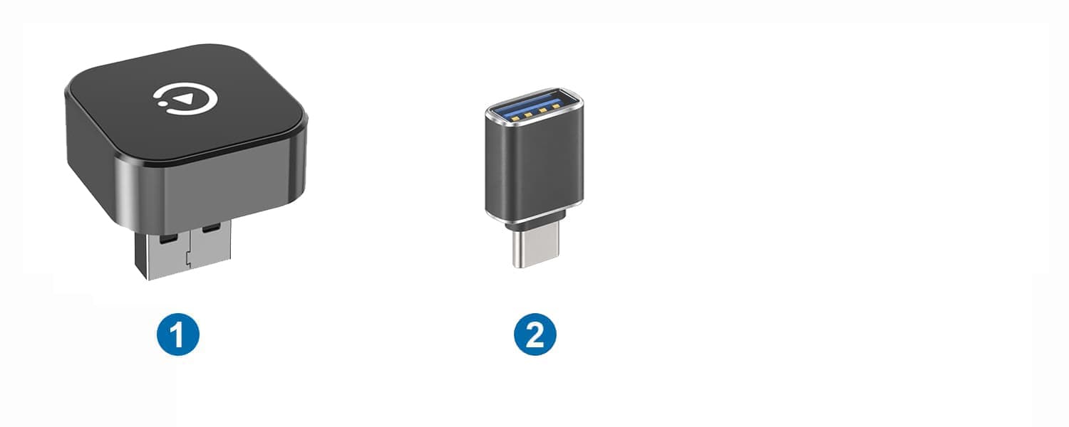 Package contents: 1 — CB13 wireless adapter; 2 — USB-A female to USB-C male adapter