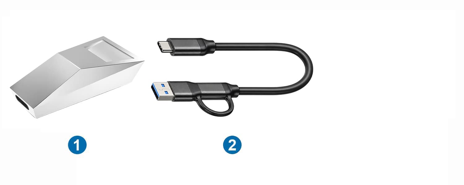 1: CB16; 2: USB-C male-to-male cable with pre-fitted adapter