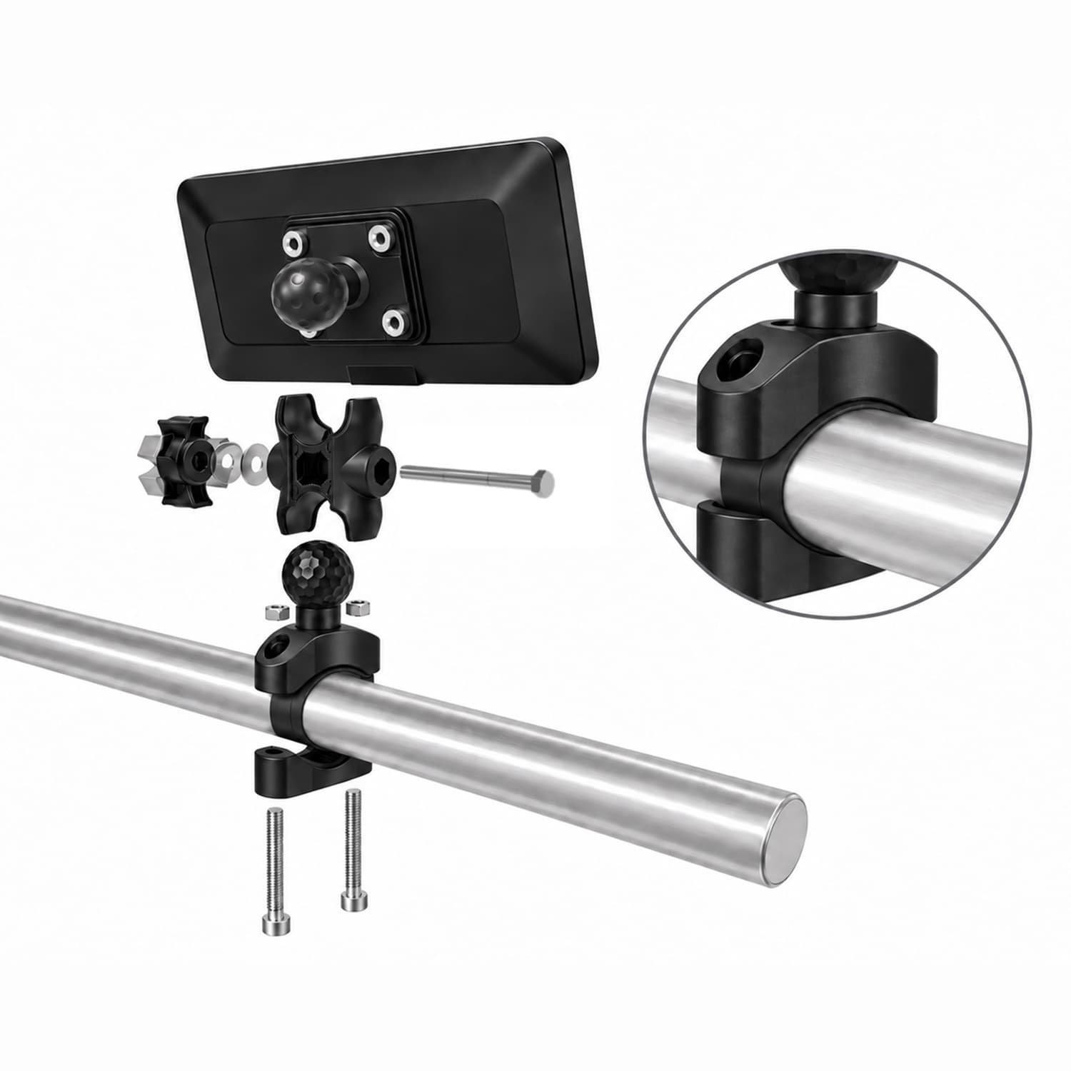 Display rear ball mount, double-socket arm and handlebar ball mount; the anti-slip pad wraps once around the handlebar inside the clamp