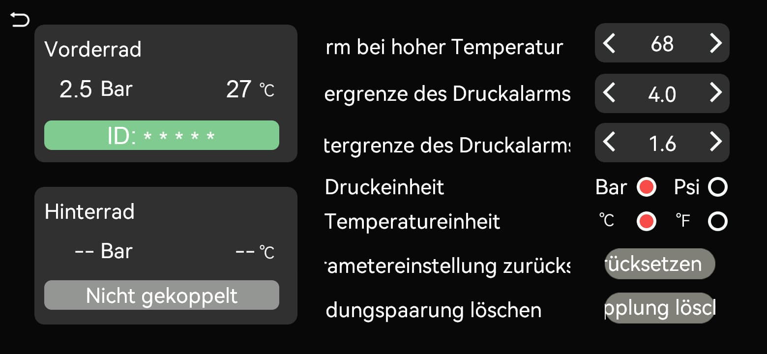 Das Rad zeigt Druck, Temperatur und ID