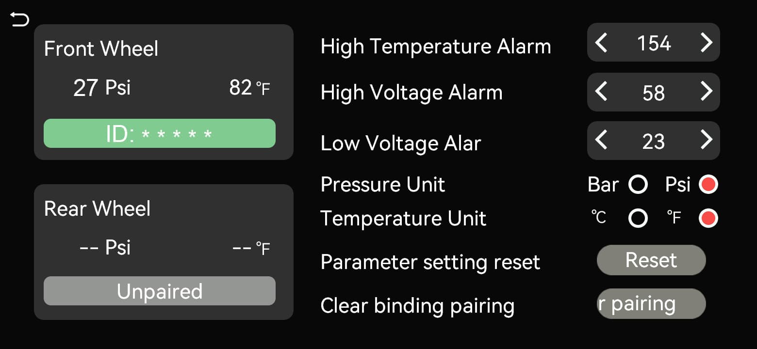 This wheel position shows tire pressure, temperature and ID