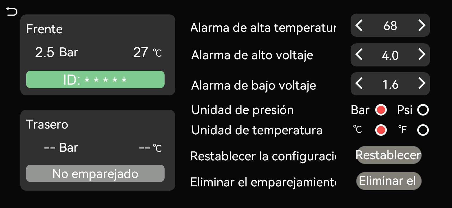La rueda muestra presión, temperatura y ID