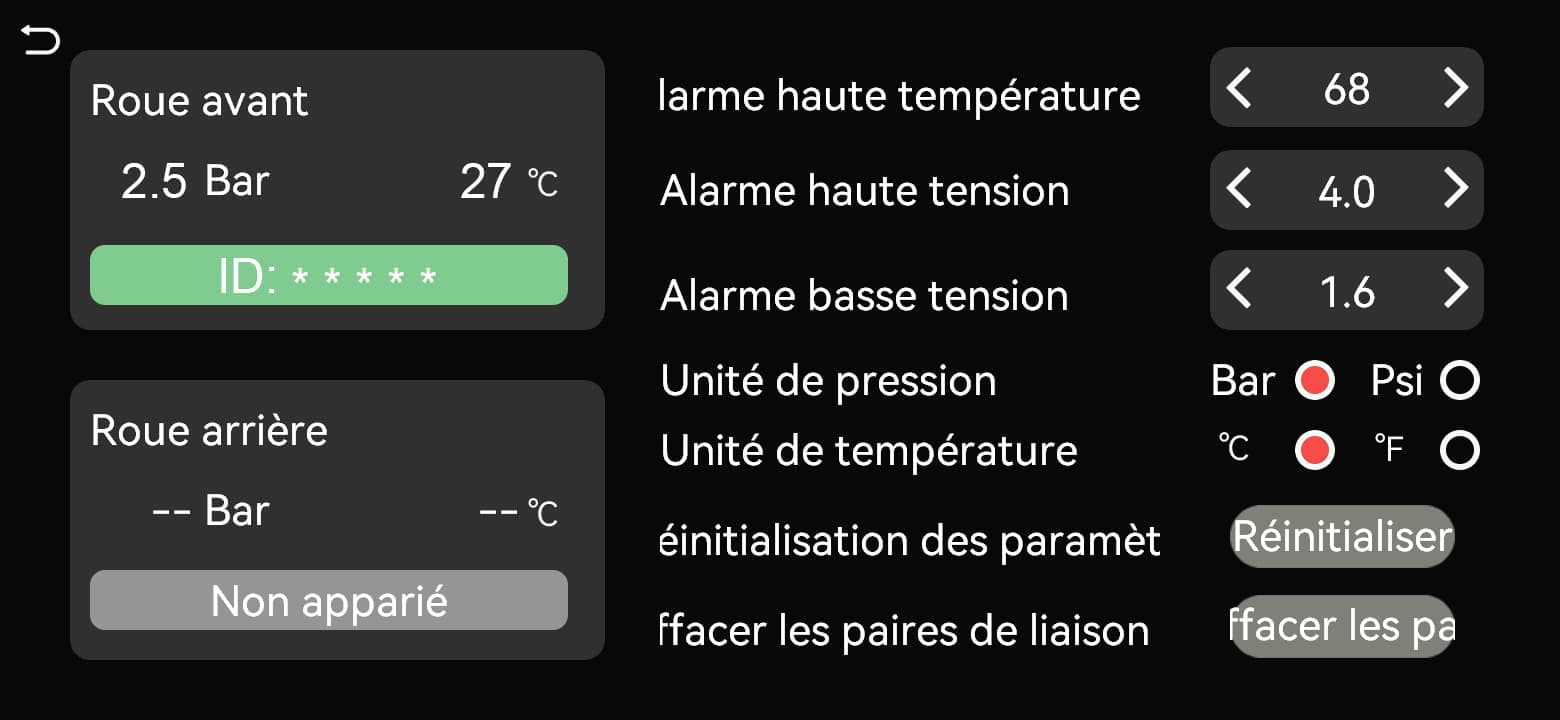 La position de roue affiche pression, température et ID
