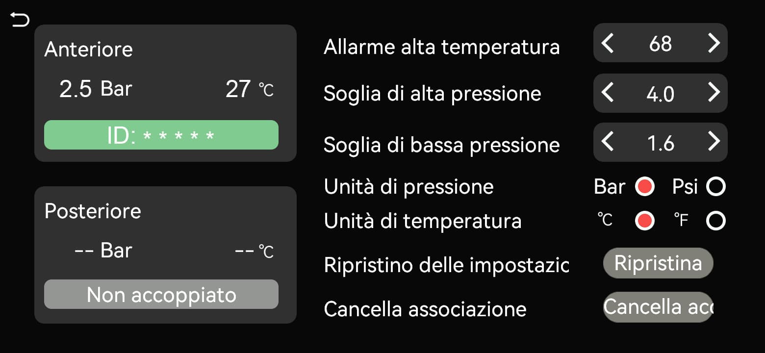 La posizione ruota mostra pressione, temperatura e ID