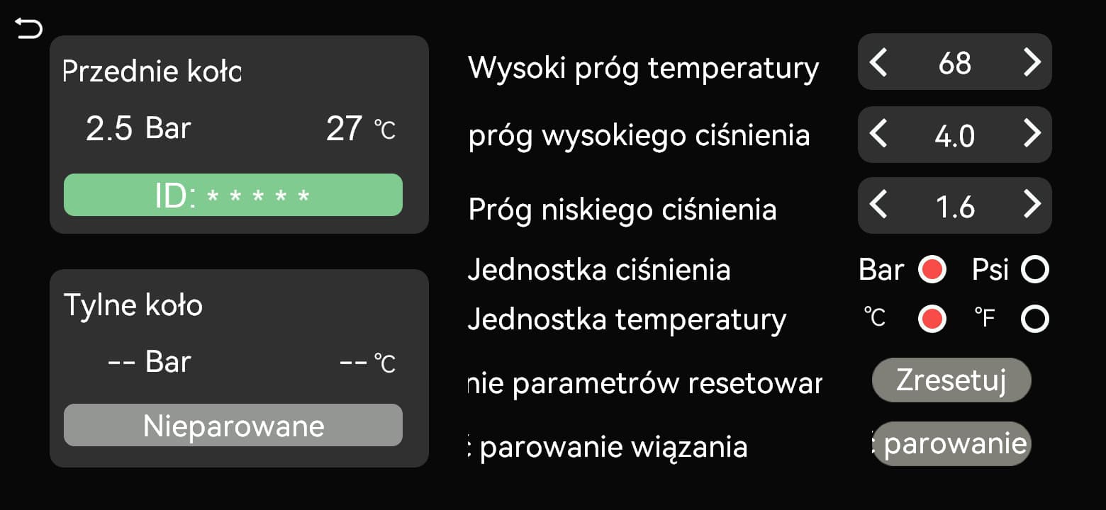 Pozycja koła wyświetla ciśnienie, temperaturę i ID
