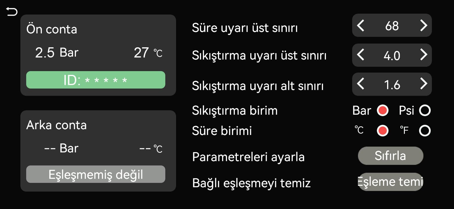 Tekerlek konumunda basınç, sıcaklık ve kimlik görüntülenir