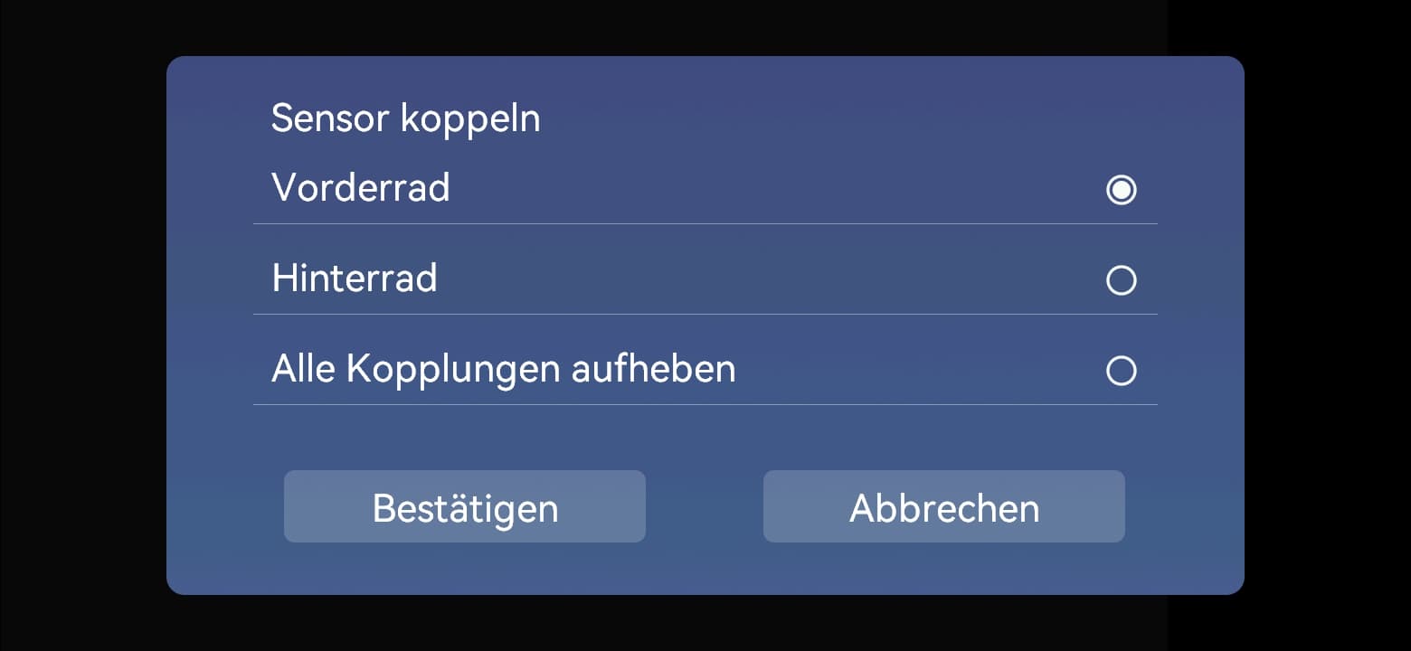 Sensor koppeln: Vorderrad / Hinterrad → Bestätigen