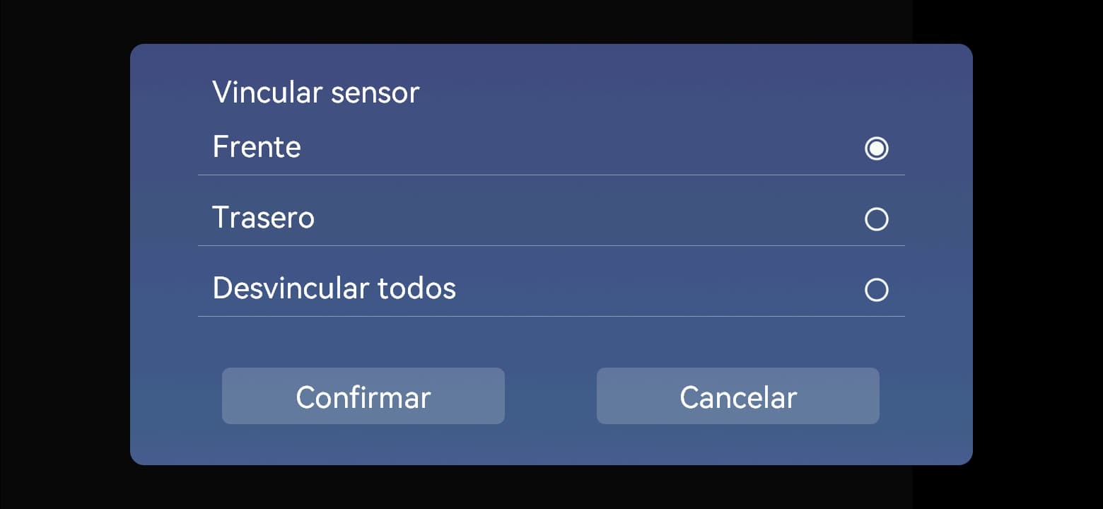 Vincular sensor: Rueda delantera / Rueda trasera → Confirmar