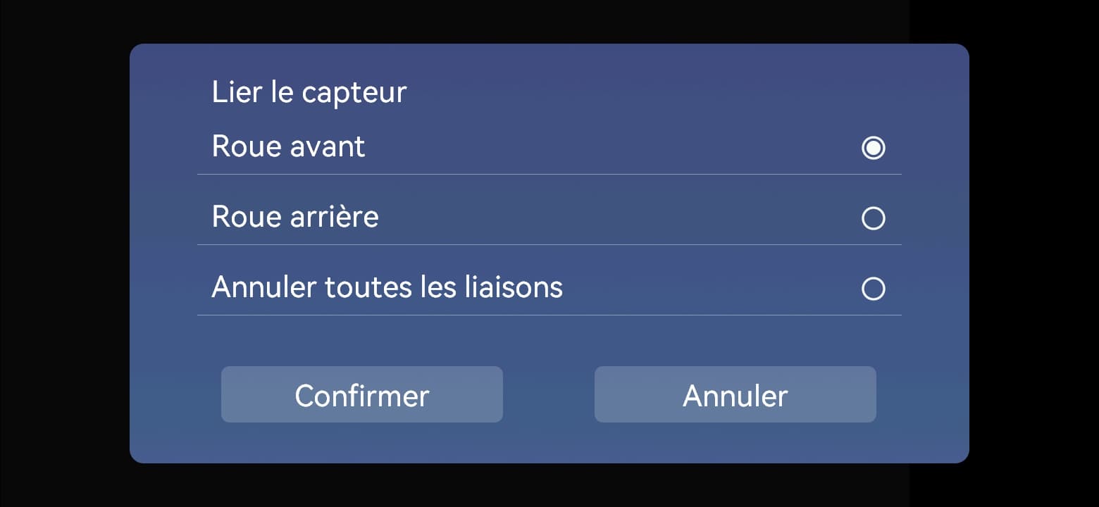 Associer un capteur : roue avant / roue arrière → confirmer