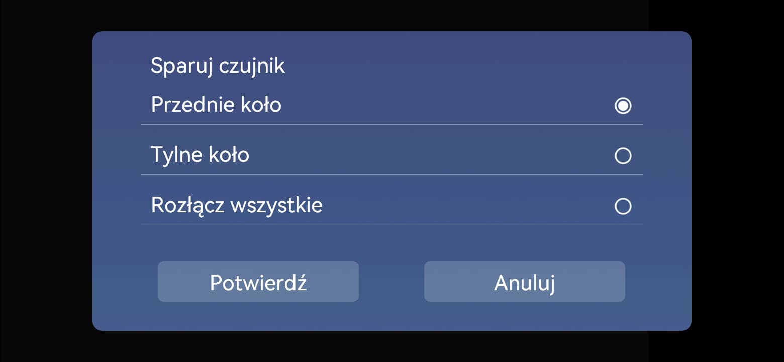 Parowanie czujnika: koło przednie / tylne → potwierdź