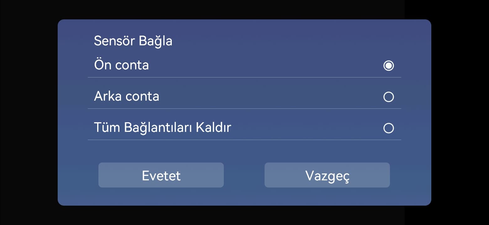 Sensörü eşleştir: ön tekerlek / arka tekerlek → onayla